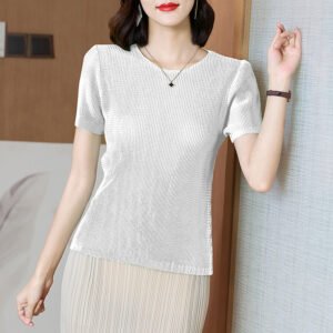 Jiatwisted pleated breathable high elasticity round neck dense pleated sports comfortable and refreshing short sleeved shirt with holes：圖片 6