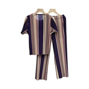 K231201 round neck versatile and fashionable summer short sleeved color blocked set striped set：圖片 4