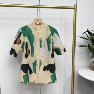 K231224 new summer cardigan stand up collar short sleeved graffiti cardigan top：圖片 6