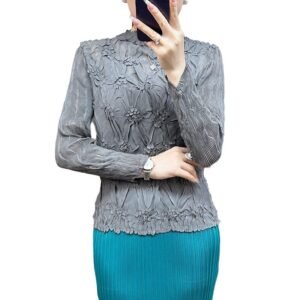 Jia Ning's new breathable pullover oversized slim fit elastic women's long sleeved shirt with a semi high collar and hand held floral long sleeved top：圖片 5