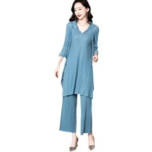 Wrinkle set, new loose, age reducing, flesh blocking, plus size, stylish, simple, pleated two-piece set for women K200922：圖片 6