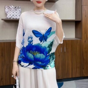 New Miyake Wholesale Wrinkled Fashion Women's Wear Slimming Top Wrinkled Bat Sleeve Butterfly Printed Women's T-shirt Summer：圖片 7