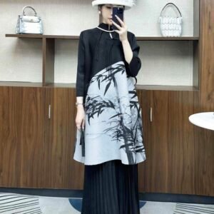 Jialing Literature and Art Retro Style Stand up Collar Seven Sleeve Mid length Skirt Set Head Plate Buckle A-line Skirt Printed Bamboo Leaf Dress：圖片 8