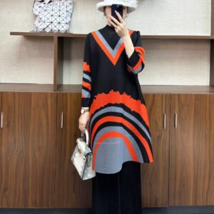 New Jia Ning pleated large size loose fashionable women's high collar mid-length dress high collar new rainbow skirt：圖片 7