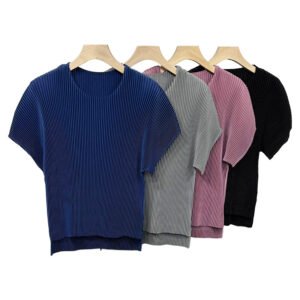 Bold top with Jia Ning pleats, summer outfit, solid color, T 桖 round neck, short sleeved, trendy pullover, pleated, casual, fashionable and versatile：圖片 8