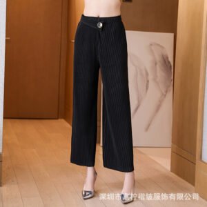 2022 Spring/Summer Solid Color Folded Wide Leg Pants for Women, Loose Large Size, High Waist, Fashionable Straight Leg, Not Showing Fat, Hidden Meat Pants for Women：圖片 8