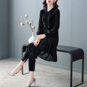 Jia Ning Wrinkle Set 2021 Spring New Women's Fashion and Western Style Aging Reduction Hooded Long Sleeve Two Piece Set K201206：圖片 6