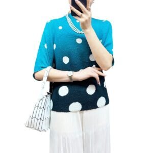 Explosive gradient color polka dot pleated print five quarter sleeve T-shirt for women's summer temperament, slimming casual top, fashionable：圖片 8
