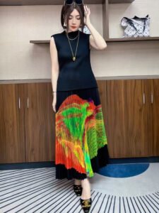 Miyake pleated new gradient color temperament printed pleated skirt cross-border European, American, Middle Eastern women's half skirt stylish：圖片 6