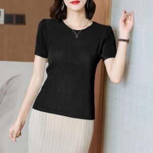 Jiatwisted pleated breathable high elasticity round neck dense pleated sports comfortable and refreshing short sleeved shirt with holes：圖片 9