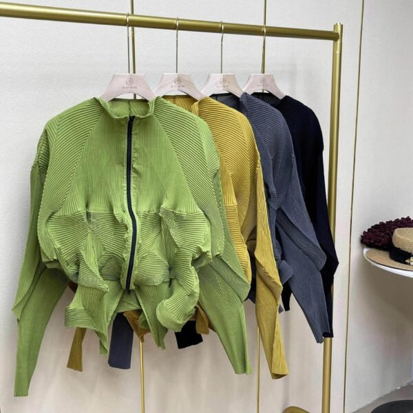 Jialing's new slimming women's long sleeved three-dimensional zipper cardigan jacket with stand up collar and artistic retro style