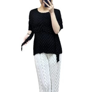 Jia Ning's new popular round neck simple plus size short sleeved fashionable women's pullover belt W-fold top：圖片 4