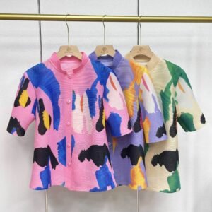 K231224 new summer cardigan stand up collar short sleeved graffiti cardigan top：圖片 4