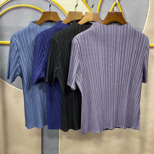 New KK fold top pleated women's round neck temperament commuting short sleeved intellectual style printed solid color casual style slimming