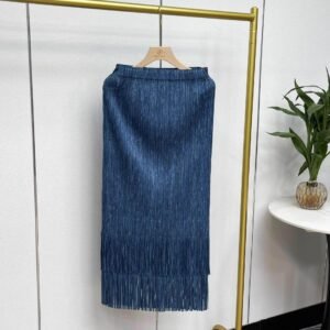Jia Ning's new elastic band mid length half skirt, double-layer denim color tassel half skirt, Japanese and Korean casual style A-line skirt：圖片 5