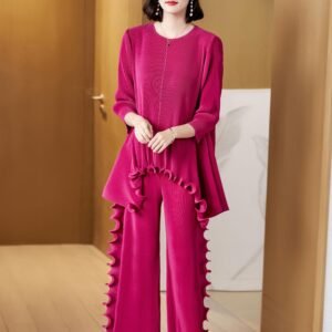 L229143 New Loose and Versatile Wide Leg Pants Fashion Ear Edge Set Pants Top Set Simple and Casual：圖片 8