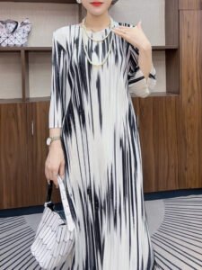 Summer loose dress, women's dress, slimming temperament, fashionable and casual, mid length skirt, pleated striped, thin style：圖片 6