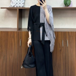 Jia Ning pleated round neck plus size slimming loose fitting pullover simple women's casual color blocked tassel top：圖片 7