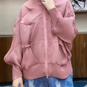 2024 coat, high-end zipper, fashionable temperament, pleated new bat casual top, cardigan, loose and versatile for autumn and winter