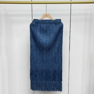 Jia Ning's new elastic band mid length half skirt, double-layer denim color tassel half skirt, Japanese and Korean casual style A-line skirt：圖片 6
