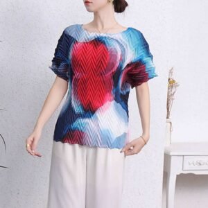 Jia Ning's new temperament round neck fashionable short sleeved loose gourd print pleated top：圖片 10