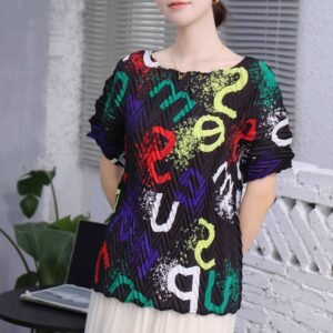 Jia Ning's new summer thin breathable round neck colorful letter pleated top：圖片 9