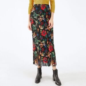 K231209 temperament print versatile fashion elastic band medium long tassel print half skirt artistic retro A-line skirt：圖片 9