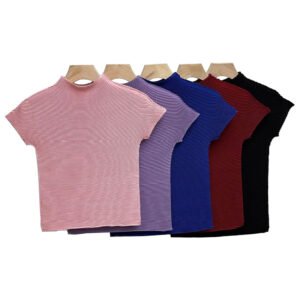 W230416 Jia Ning New Summer Versatile Round Neck Short Sleeve T Clear Color Corn Fold Top Japanese and Korean Casual Style Versatile：圖片 5