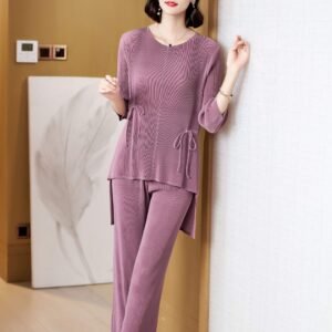 L229146 loose plus size fashionable versatile casual wide leg pants set with tie rope set：圖片 7