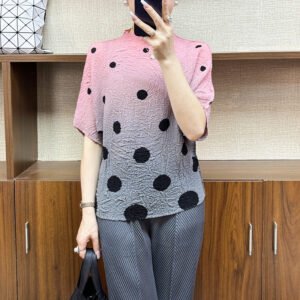 Explosive gradient color polka dot pleated print five quarter sleeve T-shirt for women's summer temperament, slimming casual top, fashionable：圖片 9