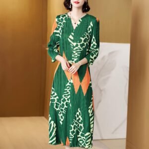 Jia Ning loose leopard print vertical stripe medium long mom dress fresh, sweet, gentle pleated skirt women's dress：圖片 7