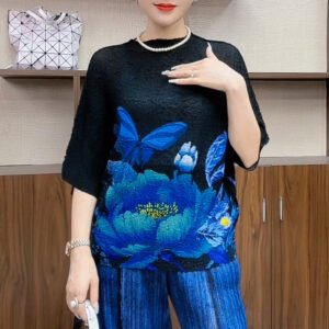 New Miyake Wholesale Wrinkled Fashion Women's Wear Slimming Top Wrinkled Bat Sleeve Butterfly Printed Women's T-shirt Summer：圖片 9
