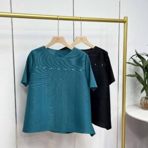 Jia Ning's new style temperament summer loose round neck short sleeved nail bead top Japanese and Korean casual simple loose fashionable versatile