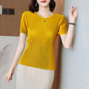 Jiatwisted pleated breathable high elasticity round neck dense pleated sports comfortable and refreshing short sleeved shirt with holes：圖片 11