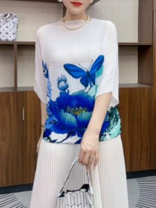 New Miyake Wholesale Wrinkled Fashion Women's Wear Slimming Top Wrinkled Bat Sleeve Butterfly Printed Women's T-shirt Summer：圖片 10