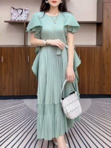 Summer Pleated Dress High-End Temperament Long Skirt Mint New Ruffled French Style Versatile Elegant Temperament：圖片 3