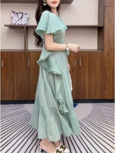 Summer Pleated Dress High-End Temperament Long Skirt Mint New Ruffled French Style Versatile Elegant Temperament：圖片 2
