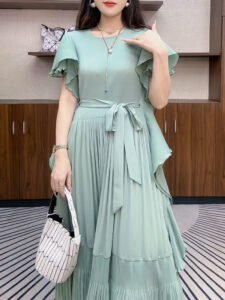 Summer Pleated Dress High-End Temperament Long Skirt Mint New Ruffled French Style Versatile Elegant Temperament：圖片 4