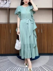 Summer Pleated Dress High-End Temperament Long Skirt Mint New Ruffled French Style Versatile Elegant Temperament：圖片 5