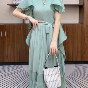Summer Pleated Dress High-End Temperament Long Skirt Mint New Ruffled French Style Versatile Elegant Temperament