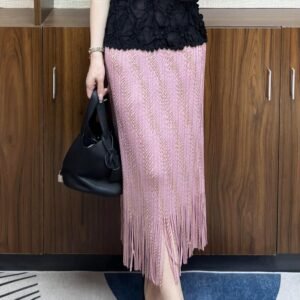 Wrinkled high waist temperament simple women's clothing elastic waistband medium long gold wire tassel skirt looks slim, wraps buttocks and sparkles：圖片 5