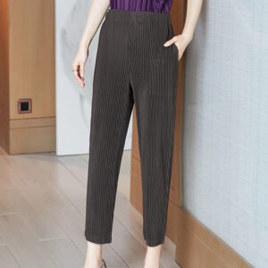 Caramel pleated cropped pants, grey casual style straight leg pants, children's summer new style, loose and versatile, slimming pencil pants, high waist：圖片 3