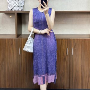 Round neck gradient pink purple pleated denim temperament summer new style slimming elegant sleeveless vest slim fit dress