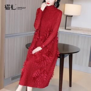 High end Coat Dress 2021 Spring and Autumn New Fashion Aging Reduction Large Red Long sleeved Bottom Skirt Medium length