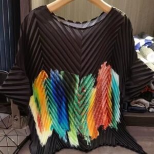 Fashionable T-shirt print versatile tie dye top short sleeved summer new loose batball sleeves slimming pleated round neck：圖片 6