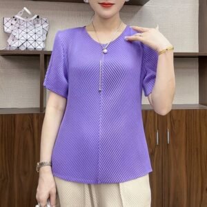 Summer T-shirt with pleated decoration T-shirt, high-end top, loose and versatile short sleeved, fashionable and slimming, vertical stripes to cover the belly, worn outside：圖片 7