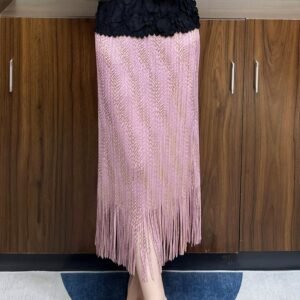 Wrinkled high waist temperament simple women's clothing elastic waistband medium long gold wire tassel skirt looks slim, wraps buttocks and sparkles：圖片 6