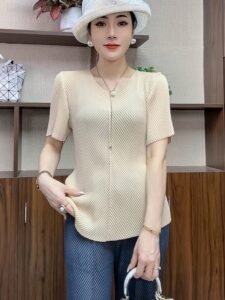 Summer T-shirt with pleated decoration T-shirt, high-end top, loose and versatile short sleeved, fashionable and slimming, vertical stripes to cover the belly, worn outside：圖片 9