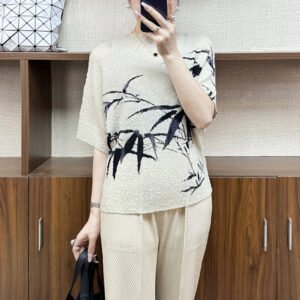 Wrinkled Spring/Summer New Style Chinese Feng Shui Ink Bamboo Printed T-shirt Fashionable and Versatile Loose Look Thin Top Short Sleeve Outerwear T-shirt：圖片 4
