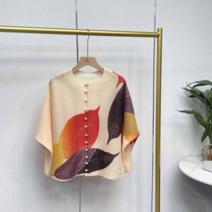 New pleated loose and versatile printed round neck cardigan with 13 leaf button top and batwing sleeves, stylish and stylish：圖片 6